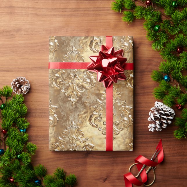 Papel De Presente Gold Holiday Christmas Metallic Damask Elegant (Presente de Natal)