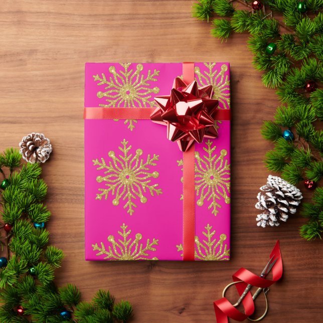 Papel De Presente Gold Snowflake Hot Pink Wrapping Paper (Presente de Natal)