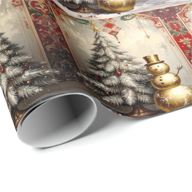 Papel De Presente Gold Snowman Christmas Tree Holiday (Ponta do rolo)