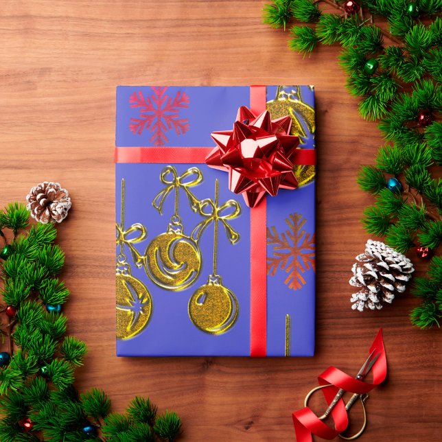 Papel De Presente Golden Baubles and Snowflakes Blue Christmas (Criador carregado)