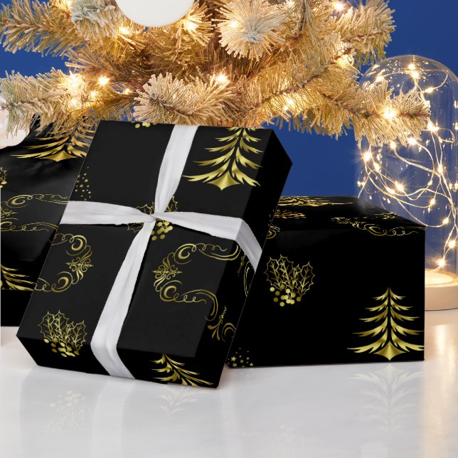 Papel De Presente Golden Decorations on Black Christmas (Feriados)