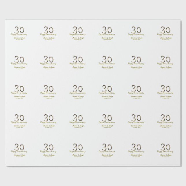 Papel De Presente Golden Metallic 30th Happy anniversary add name (Aberto)