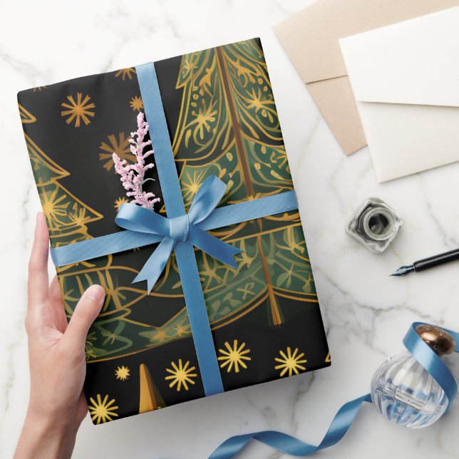 Papel De Presente Golden Pines on Midnight Wrapping Paper (Presentear)