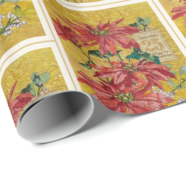 Papel De Presente Golden Poinsettia | Fine Art Christmas Gift Wrap (Ponta do rolo)