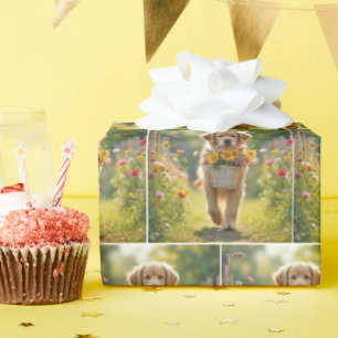 Papel De Presente Golden Retriever Caminhando Com uma Cesta de Flore