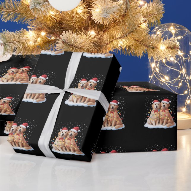 Papel De Presente Golden Retriever Christmas Santa Hat Reindeer  (Feriados)