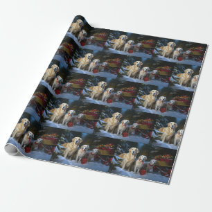 Papel De Presente Golden Retriever Nevado Trenó Natal Decoração de N