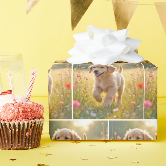 Papel De Presente Golden Retriever Puppy Running In a Meadow (Festa de aniversário)