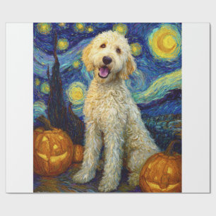 Papel De Presente Goldendoodle Cachorro Fofo Dia das Bruxas Abóbora