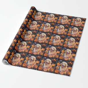 Papel De Presente Goldendoodle de Halloween com Abóboras Assustadora