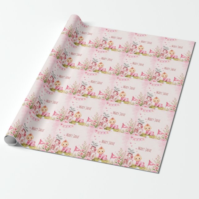 Papel De Presente Golf Bebê Menina para Chuveiro de Bebê em rosa (Desenrolado)