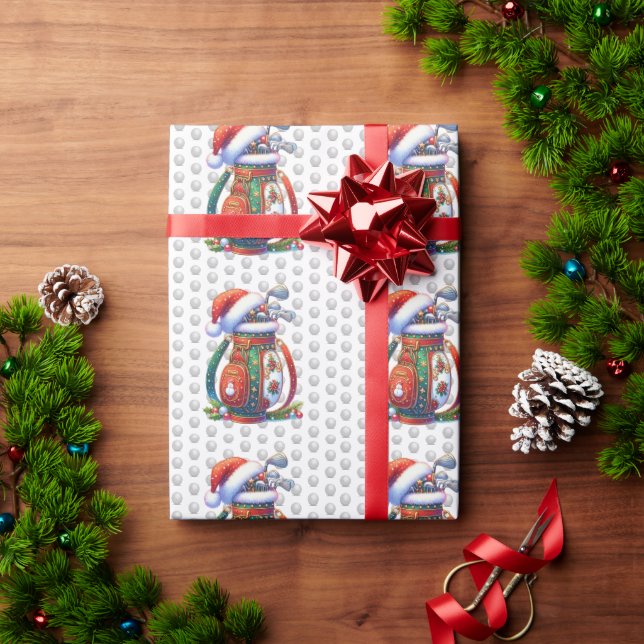 Papel De Presente Golf Feliz Natal com saco de golfe em Bolas (Presente de Natal)