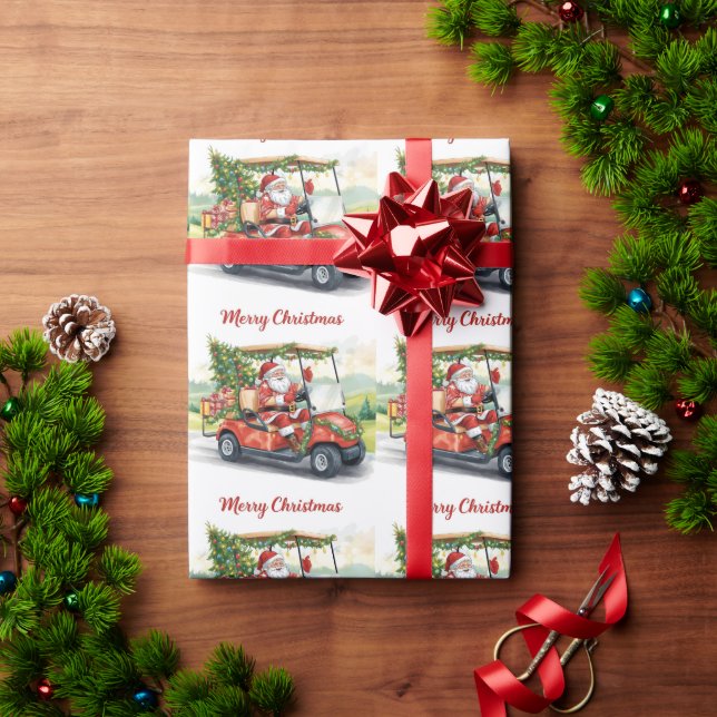Papel De Presente Golf Santa Claus ride red cart Christmas Tree  (Presente de Natal)