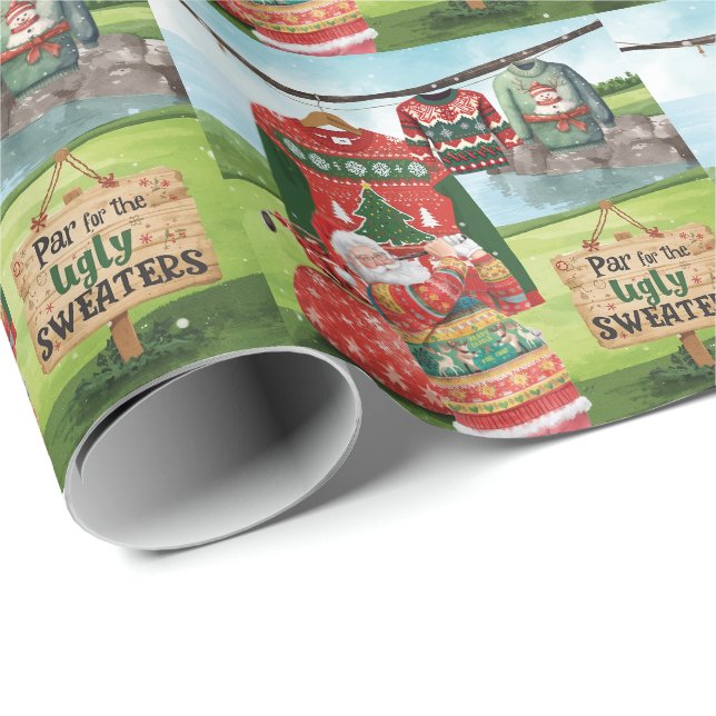 Papel De Presente Golf Ugly Sweater Christmas Party with Santa Claus (Ponta do rolo)