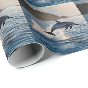 Papel De Presente Golfinho Saltante: Uma dança de alegria no oceano