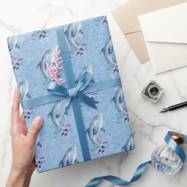 Papel De Presente Golfinhos e flores em azul (Presentear)