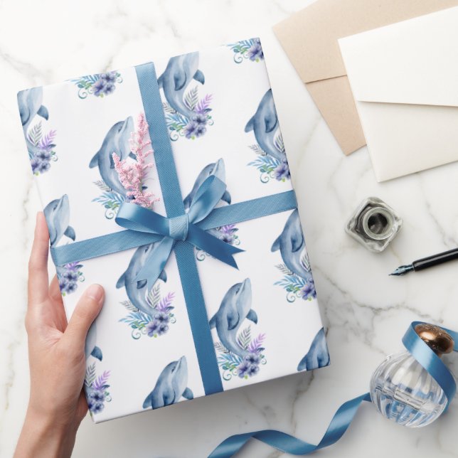 Papel De Presente Golfinhos e flores em branco (Presentear)