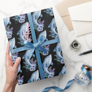 Papel De Presente Golfinhos e flores em preto