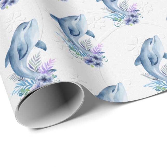 Papel De Presente Golfinhos No Casamento De Flores (Ponta do rolo)