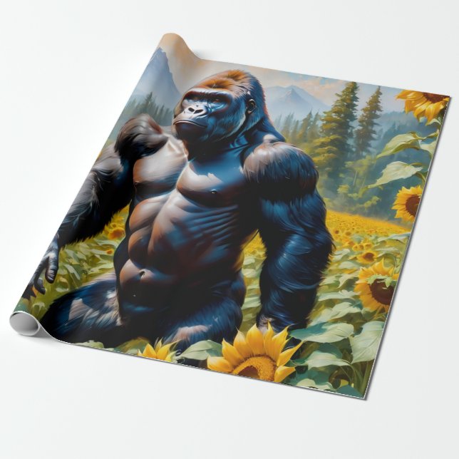 Papel De Presente Gorilla Ape Em Um Campo De Girassol (Desenrolado)