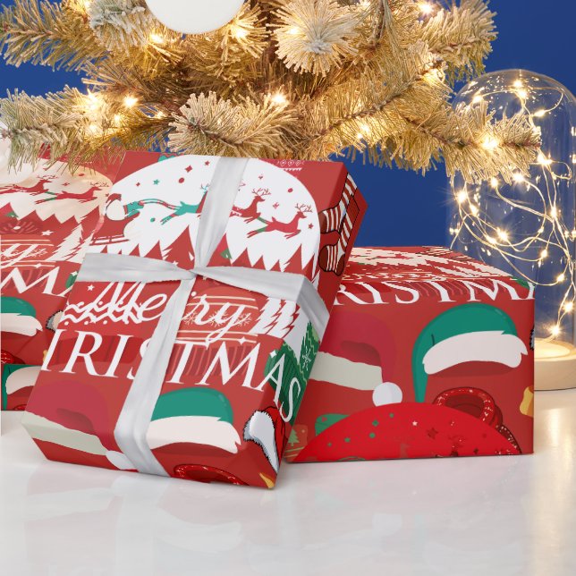 Papel De Presente Gorros, cachecóis e meias de Natal vermelhos e aco (Feriados)