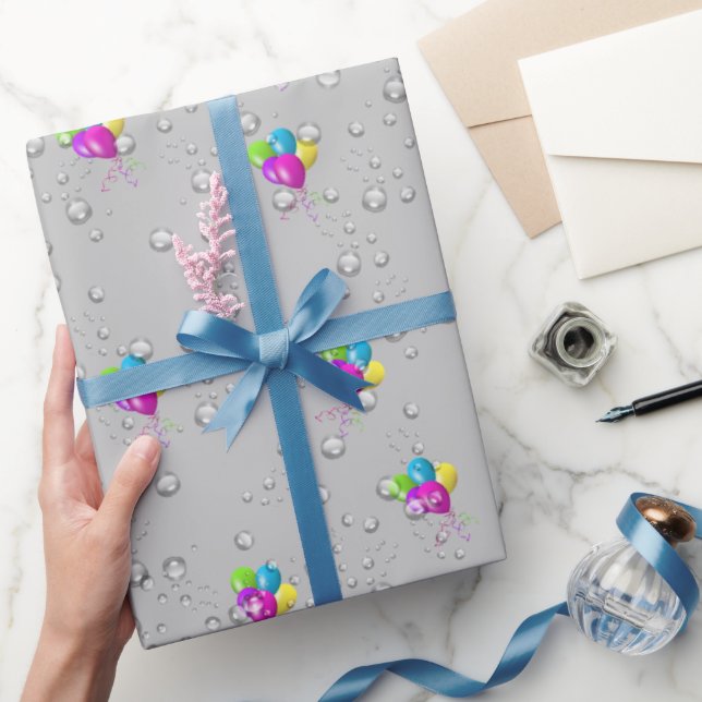 Papel De Presente Gotas de Chuva de Aniversário e Balões em Cinza (Presentear)