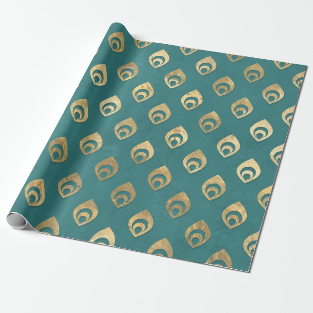 Papel De Presente Gotas Douradas de Abstrato em Teal (Desenrolado)
