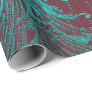 Papel De Presente Gotas florais reais Borgonha do azul de turquesa