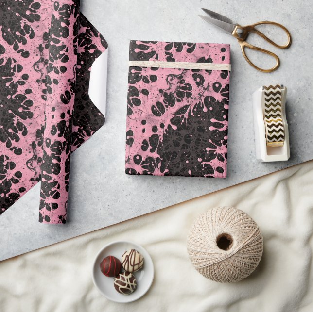 Papel De Presente Gothic Black and Pink Splatter Paint Abstract (Artesanato)