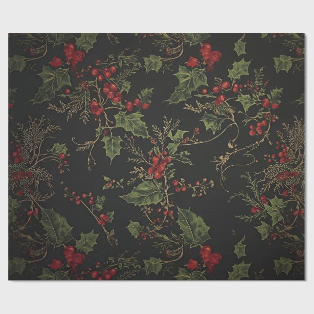 Papel De Presente Gothic Holly Wrapping Paper |Dark Christmas Floral (Aberto)