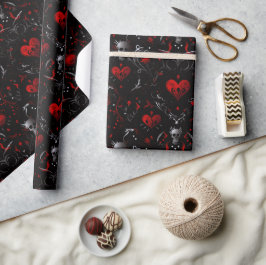 Papel De Presente Gothic Red Hearts and Gray Skulls