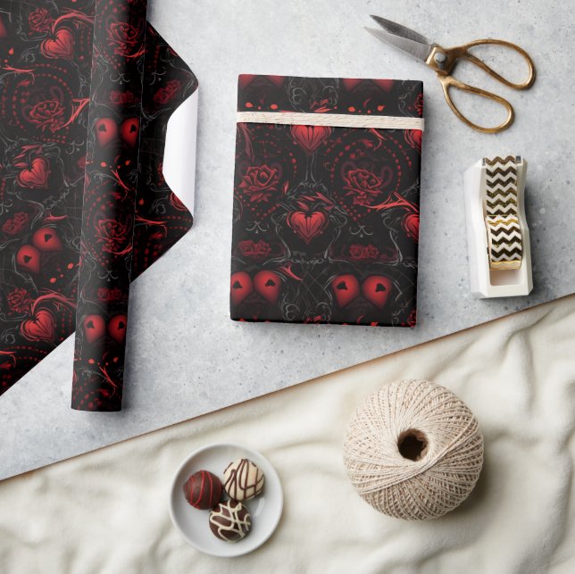 Papel De Presente Gothic Red Roses and Red Hearts (Artesanato)