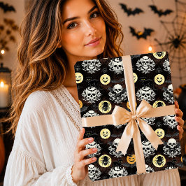 Papel De Presente Gótico Assustador Crânio de Gato Preto Damask Hall