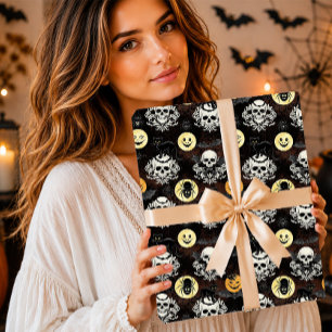 Papel De Presente Gótico Assustador Crânio de Gato Preto Damask Hall