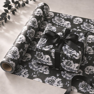 Papel De Presente Gótico Caveira & Rosas Floral Escuro