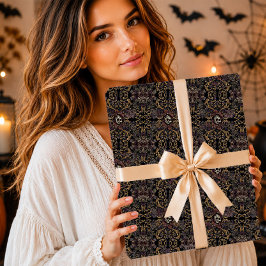 Papel De Presente Gótico Damasco Crânio Floral Halloween