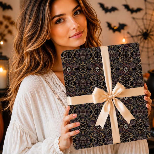 Papel De Presente Gótico Damasco Crânio Floral Halloween (Criador carregado)