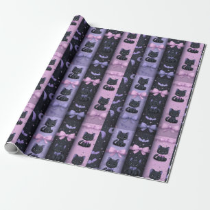 Papel De Presente Gótico Kawaii Gatos Pretos Luas Morcegos Fofos