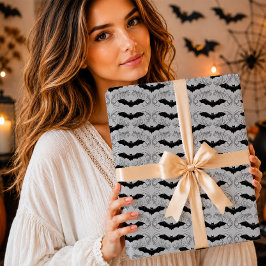 Papel De Presente Gótico Morcego Preto Cinza Prata Damasco Halloween