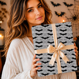 Papel De Presente Gótico Morcego Preto Cinza Prata Damasco Halloween