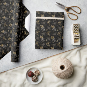 Papel De Presente Gótico Preto & Rosas Douradas Borboletas Brilho