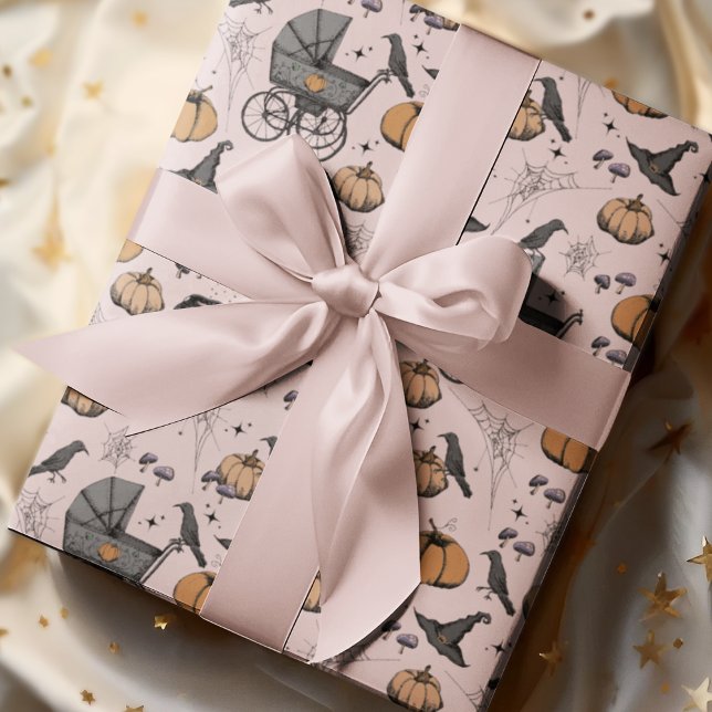 Papel De Presente Gótico rosa Carruagem bebê (Pink Spooky yet Elegant Victorian Baby Carriage Halloween Wrapping Paper. Hand-Drawn in Black Ink.)