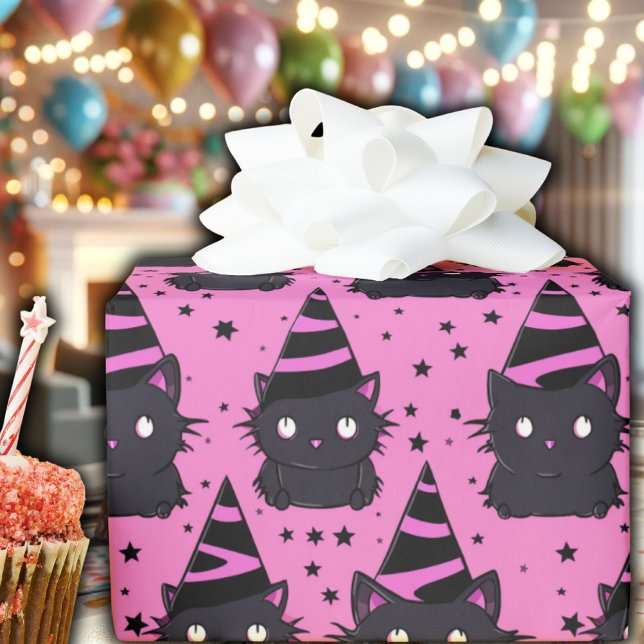 Papel De Presente Gótico Rosa Testemunha  Gatinho Preto (pastel goth hot pink black kitty cat witchy wrapping paper witch cute whimsical witch hat stars)