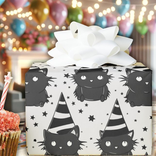 Papel De Presente Gótico Testemunha Negra Negra e Gatinho Branco Ani (goth black kitty cat witchy black-and-white wrapping paper witch cute whimsical witch hat stars)