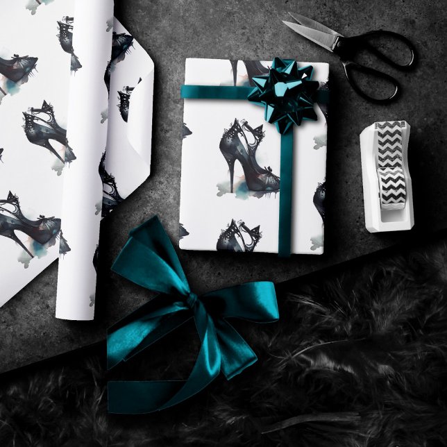 Papel De Presente Gótico Vogue | Rasca de Teal e Estiletto de Altura (Criador carregado)