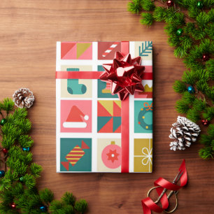 Papel De Presente Grade Colorido de Natal com Ícones de Feriado