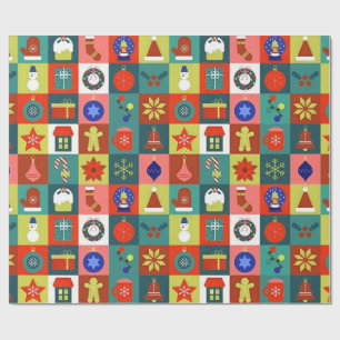 Papel De Presente Grade Colorido de Natal com Ícones de Feriado