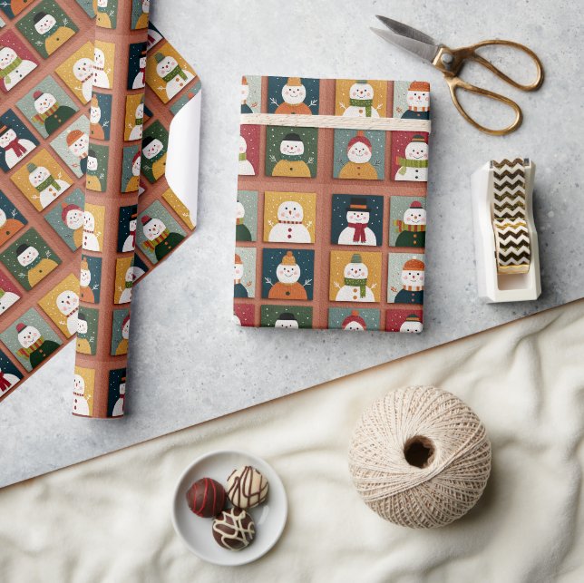 Papel De Presente Grade de Boneco de Neve Divertido em Textura de Ne (Artesanato)