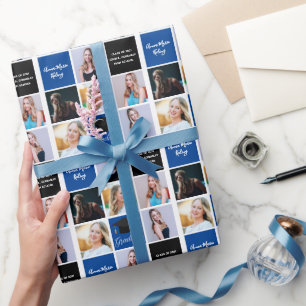 Papel De Presente Graduação Colagem de Fotos Azul Classe de Forman