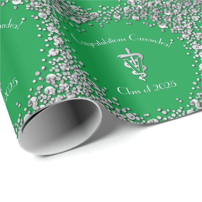 Papel De Presente Graduação de Veterinário Verde Prata (Ponta do rolo)